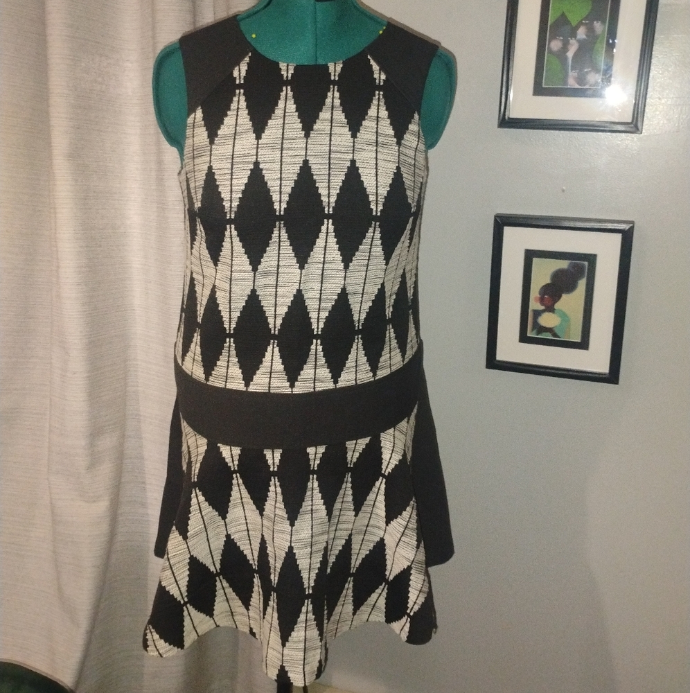 Banana Republic Diamond Textured Drop Waist Dress Black White Sz 8